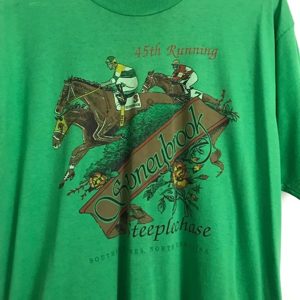 Vintage Mens Sz Large 45th Running Honeybrook Steeplechase Green Horse Tee Shirt